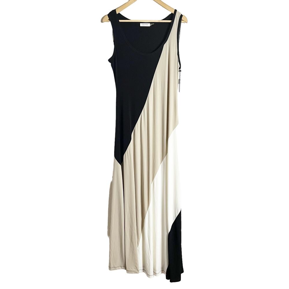 Calvin Klein Black Beige Colorblock Striped Sleeveless Scoop Neck Maxi Dress 10